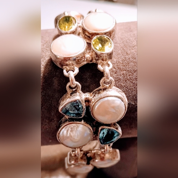 Vintage Sterling silver Three Stone Toggle design pattern Gemstone Bracelet. - Picture 8 of 15